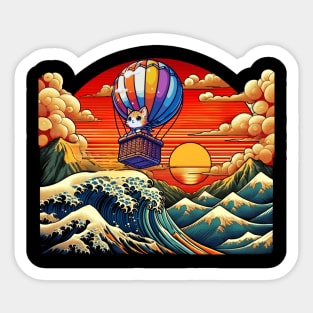 Vivid Sunset Wave Art Hot Air Balloon Japanese Cat Sticker